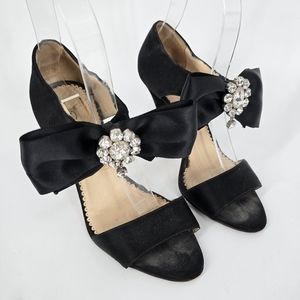Oscar de la Renta Black Satin Embellished Bow Evening Sandals Size 35.5
